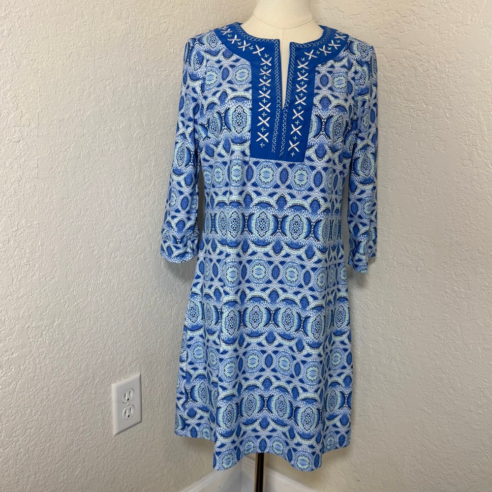 Tunic Dress Cabana Life Womens Medium Blue Embroidered Split Neck Resort Wear